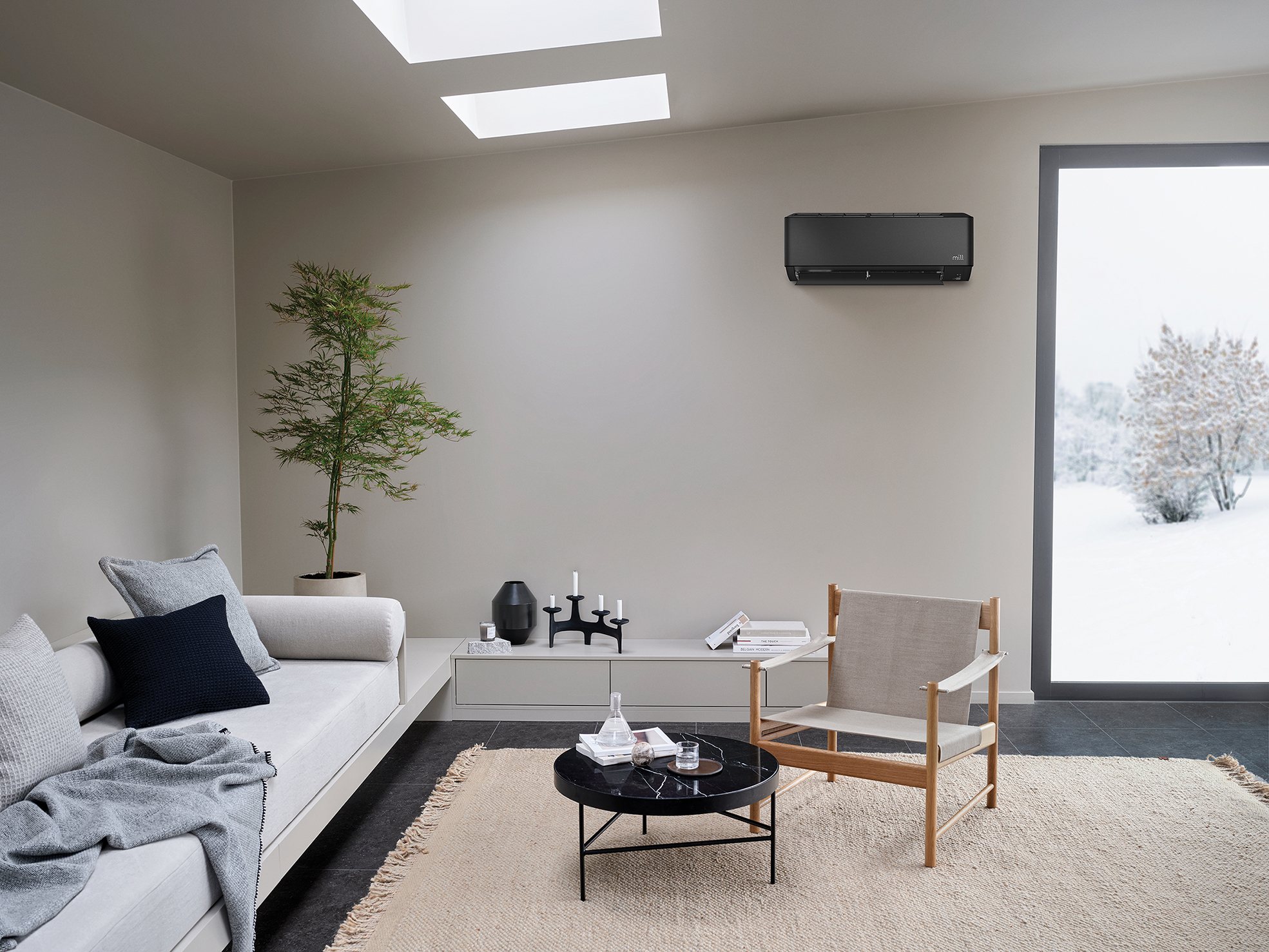 Stue med veggmontert Daikin varmepumpe